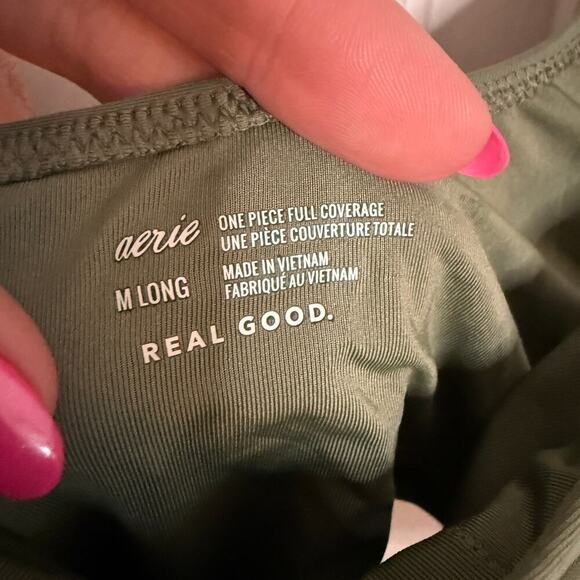 Aerie One Shoulder Tie Waist One Piece Swimsuit Olive Green Size Medium Long NEW - Picture 4 of 7